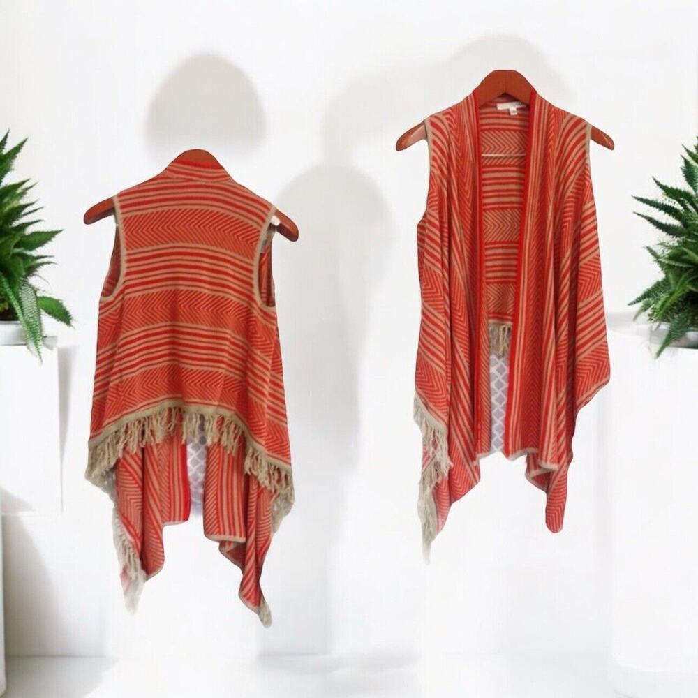 Orange And tan fringe sleeveless cardigan Boho Chic Women’s Size XS Say What??‎